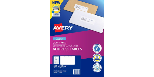 Avery Address Labels Sure Feed Laser Printer 952000 / L7160 63.5 x 38.1mm 21 Per Sheet Pack 420