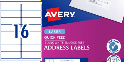 Avery Address Labels Sure Feed Laser Printer 952002 / L7162 99.1 x 34mm 16 Per Sheet Pack 320