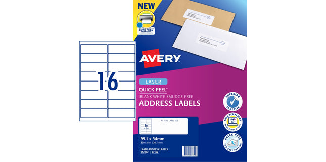 Avery Address Labels Sure Feed Laser Printer 952002 / L7162 99.1 x 34mm 16 Per Sheet Pack 320