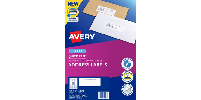 Avery Address Labels Sure Feed Laser Printer 959060 / L7157 64 x 24.3mm 33 Per Sheet Pack 3300