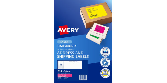 Compare Avery Shipping Labels Laser High Vis 35952 / L7162FP 99.1 x 34mm 16 Per Sheet Fluoro Pink Pack 400