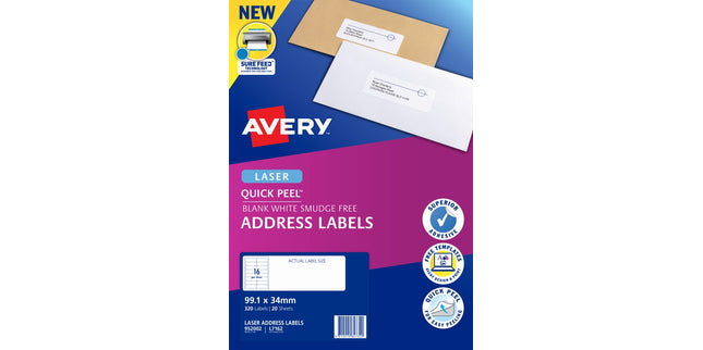 Avery Address Labels Sure Feed Laser Printer 952002 / L7162 99.1 x 34mm 16 Per Sheet Pack 320