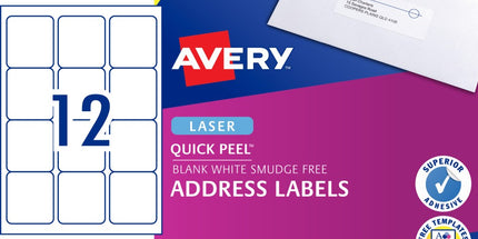 Avery Address Labels Sure Feed Laser Printer 959005 / L7164 63.5 x 72mm 12 Per Sheet Pack 1200