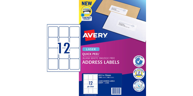 Avery Address Labels Sure Feed Laser Printer 959005 / L7164 63.5 x 72mm 12 Per Sheet Pack 1200
