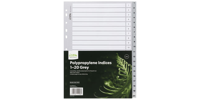 Icon Indices Polypropylene Tabs 1-20 A4 Grey