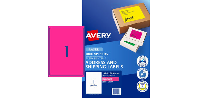 Avery Shipping Labels Laser High Vis 35998 / L7167FP 199.6 x 289.1mm 1 Per Sheet Fluoro Pink Pack 25