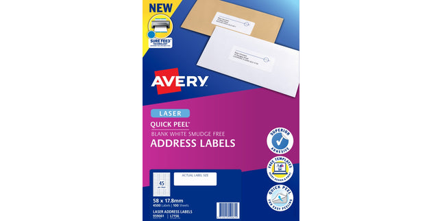 Avery Address Labels Sure Feed Laser Printer 959061 / L7156 58 x 17.8mm 45 Per Sheet Pack 4500