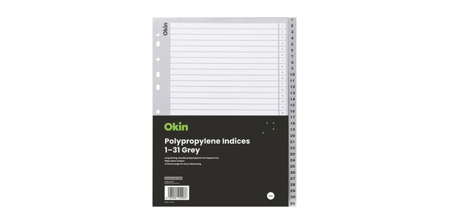 Okin Indices Polypropylene Tabs 1-31 A4 Grey