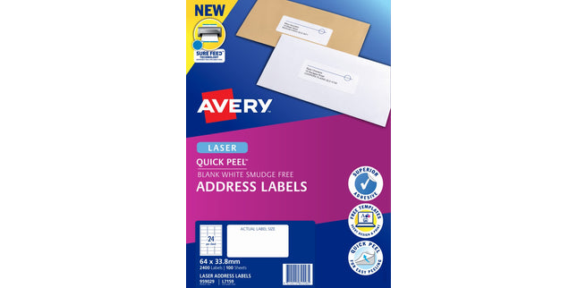 Avery Address Labels Sure Feed Laser Printer 959029 / L7159 64 x 33.8mm 24 Per Sheet Pack 2400
