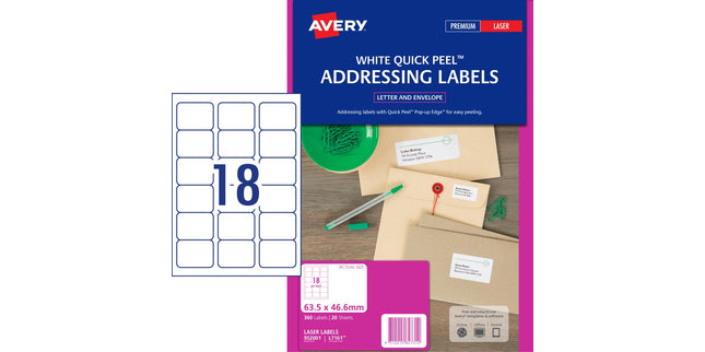 Avery Address Labels Sure Feed Laser Printer 952001 / L7161 63.5 x 46.6mm 18 Per Sheet Pack 360