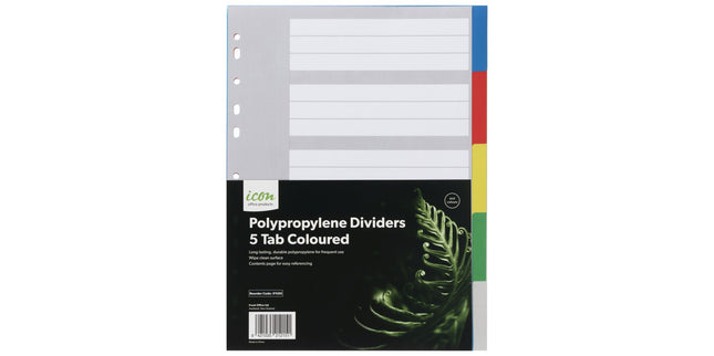 Icon Dividers Polypropylene 5 Tab A4 Coloured
