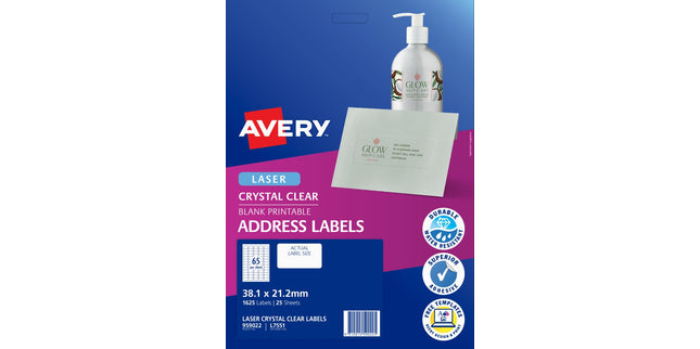 Avery Address Labels Laser Printer 959022 / L7551 38.1 x 21.2mm 65 Per Sheet Crystal Clear Pack 1625