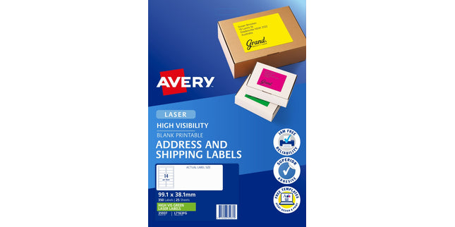 Avery Shipping Labels Laser High Vis 35937 L7163FG 99.1 x 38.1mm 14 Per Sheet Fluoro Green Pack 350