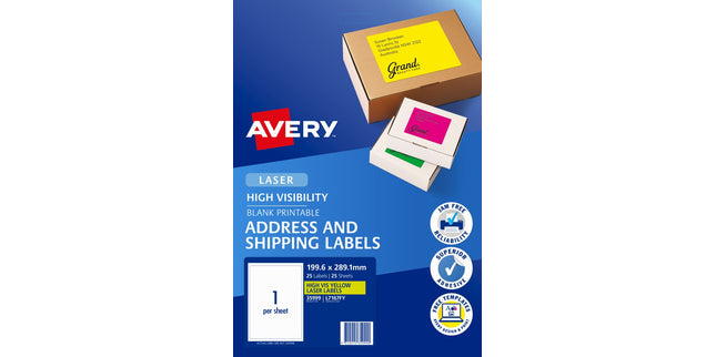 Avery Shipping Labels Laser High Vis 35999 L7167FY 199.6 x 289.1mm 1 Per Sheet Fluoro Yellow Pack 25