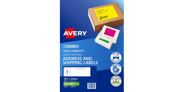 Avery Shipping Labels Laser High Vis 35932 / L7162FG 99.1 x 34mm 16 Per Sheet Fluoro Green Pack 400