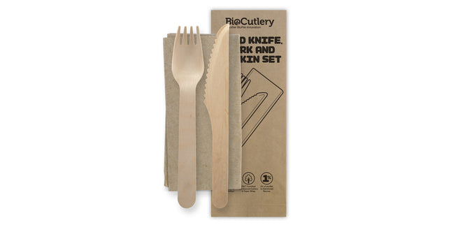 BioPak Wooden Cutlery Set Knife Fork with Napkin FSC 160mm Box 100