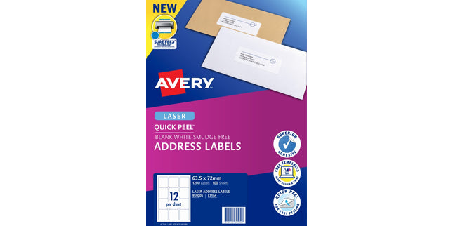 Avery Address Labels Sure Feed Laser Printer 959005 / L7164 63.5 x 72mm 12 Per Sheet Pack 1200