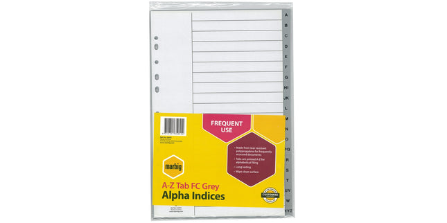 Marbig Indices Polypropylene Alpha A-Z 20 Tab Foolscap Grey