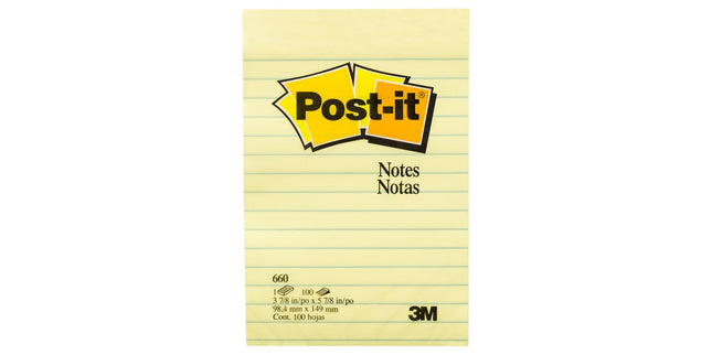 Post-it Self Adhesive Notes 660 Lined 101 x 152mm Yellow Pad