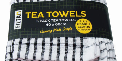 Filta Tea Towel 5 Piece Terry Cotton 2 Bonus Dish Cloths 2mm Black Pack 7