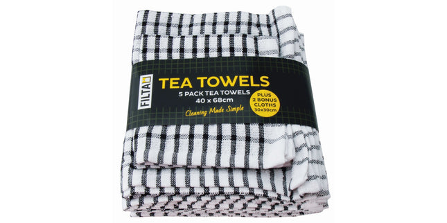 Filta Tea Towel 5 Piece Terry Cotton 2 Bonus Dish Cloths 2mm Black Pack 7