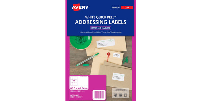 Avery Address Labels Sure Feed Laser Printer 952001 / L7161 63.5 x 46.6mm 18 Per Sheet Pack 360
