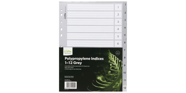 Icon Indices Polypropylene Tabs 1-12 A4 Grey