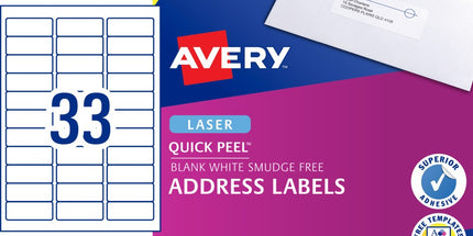 Avery Address Labels Sure Feed Laser Printer 959060 / L7157 64 x 24.3mm 33 Per Sheet Pack 3300
