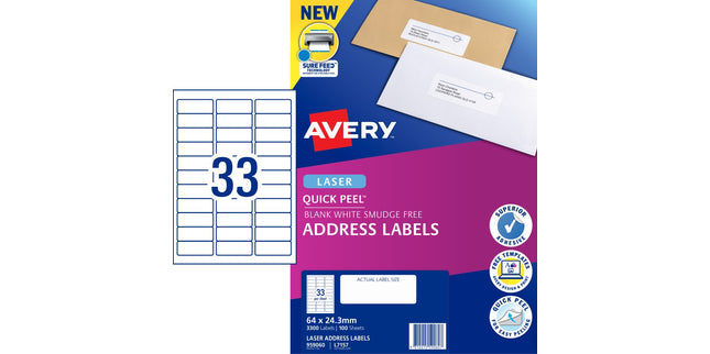 Avery Address Labels Sure Feed Laser Printer 959060 / L7157 64 x 24.3mm 33 Per Sheet Pack 3300