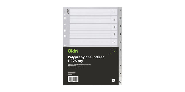 Okin Indices Polypropylene Tabs 1-10 A4 Grey