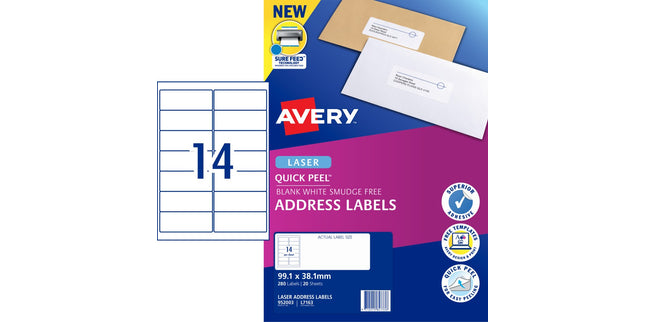 Avery Address Labels Sure Feed Laser Printer 952003 / L7163 99.1 x 38.1mm 14 Per Sheet Pack 280