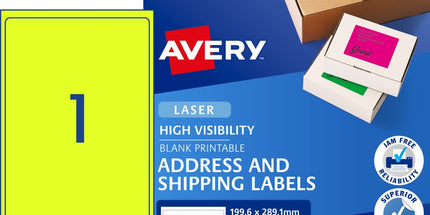 Avery Shipping Labels Laser High Vis 35999 L7167FY 199.6 x 289.1mm 1 Per Sheet Fluoro Yellow Pack 25