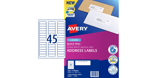 Avery Address Labels Sure Feed Laser Printer 959061 / L7156 58 x 17.8mm 45 Per Sheet Pack 4500