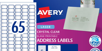 Avery Address Labels Laser Printer 959022 / L7551 38.1 x 21.2mm 65 Per Sheet Crystal Clear Pack 1625