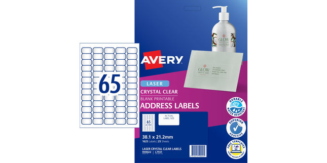 Avery Address Labels Laser Printer 959022 / L7551 38.1 x 21.2mm 65 Per Sheet Crystal Clear Pack 1625