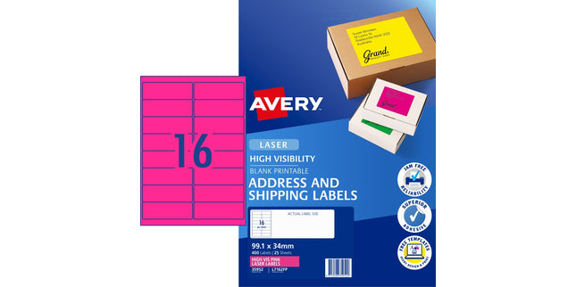 Compare Avery Shipping Labels Laser High Vis 35952 / L7162FP 99.1 x 34mm 16 Per Sheet Fluoro Pink Pack 400