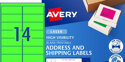 Avery Shipping Labels Laser High Vis 35937 L7163FG 99.1 x 38.1mm 14 Per Sheet Fluoro Green Pack 350
