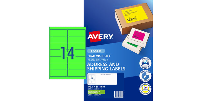 Avery Shipping Labels Laser High Vis 35937 L7163FG 99.1 x 38.1mm 14 Per Sheet Fluoro Green Pack 350