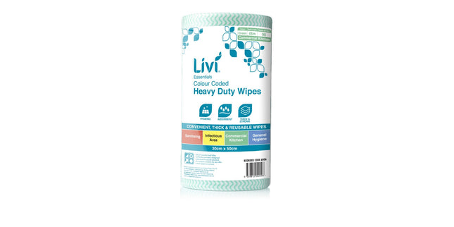 Livi Essentials Heavy Duty Cleaning Wipes Colour Coded Green Roll 90
