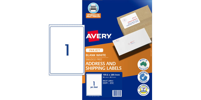 Avery Shipping Labels Inkjet Printer 936085 199.6 x 289.1mm 1 Per Sheet White Pack 50