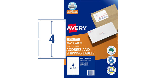 Avery Shipping Labels Inkjet Printer 936087 99.1 x 139mm 4 Per Sheet White Pack 200