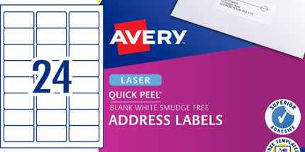 Avery Address Labels Sure Feed Laser Printer 959029 / L7159 64 x 33.8mm 24 Per Sheet Pack 2400