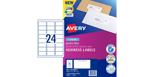 Avery Address Labels Sure Feed Laser Printer 959029 / L7159 64 x 33.8mm 24 Per Sheet Pack 2400