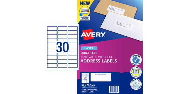 Avery Address Labels Sure Feed Laser Printer 959062 / L7158 64 x 26.7mm 30 Per Sheet Pack 3000